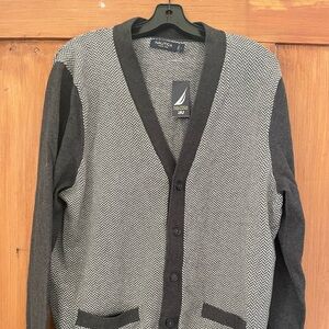 NWT Men’s Nautica Grey Gray Off White Herringbone Cardigan Sweater L